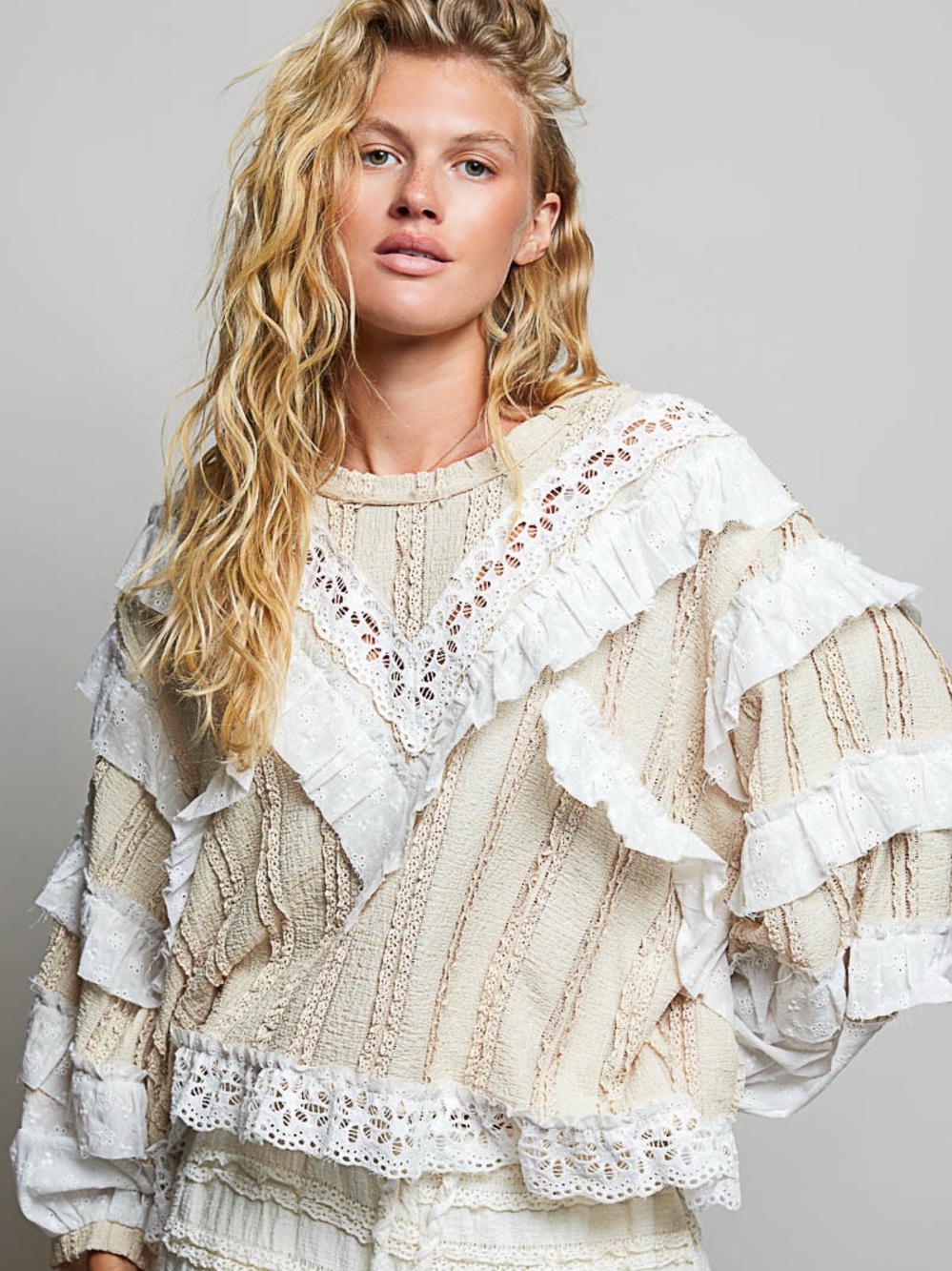 POL Cream Lace-Trim Ruffle Blouse